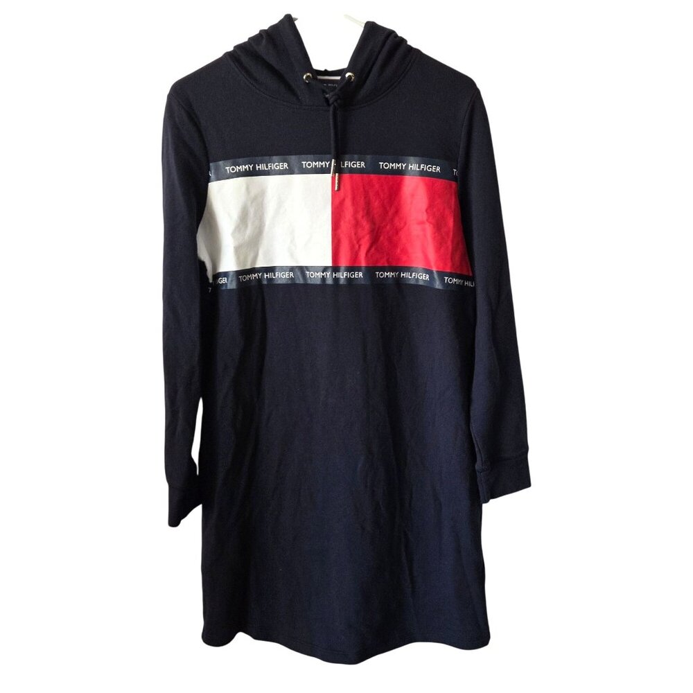 Tommy Hilfiger Womens M Navy Hoodie Dress Red White Flag Logo Hood Long Sleeves